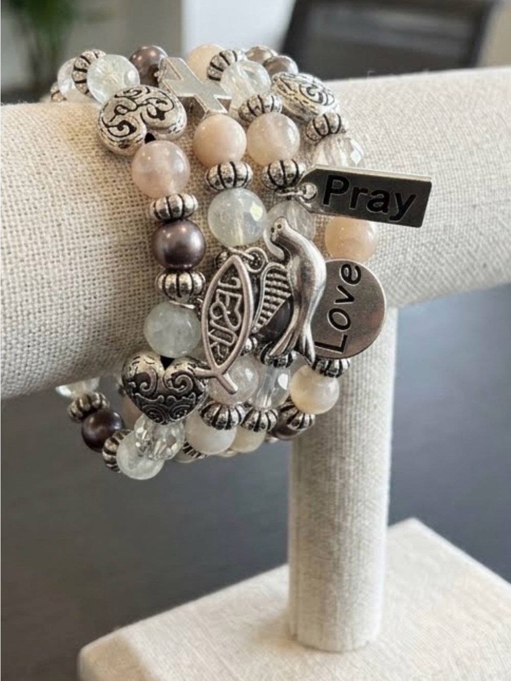 Beaded 'Pray Love' Charm Bracelet Stack - Silver and Cream